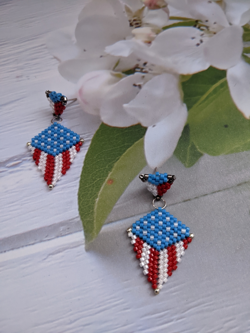 Patriotic Blue, Red & White Seed Bead Dangle Earrings